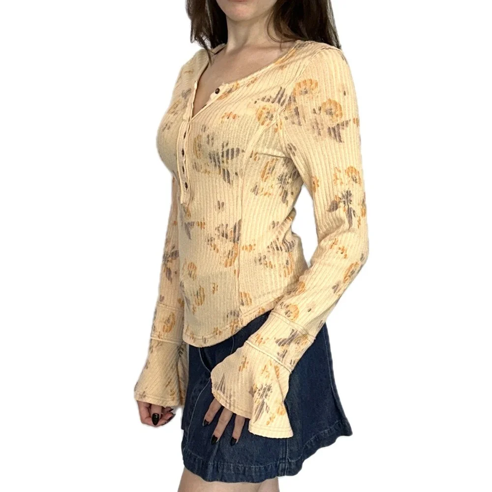Free People Henley Floral Ribbed Bell Sleeve Top Small Peach Boho